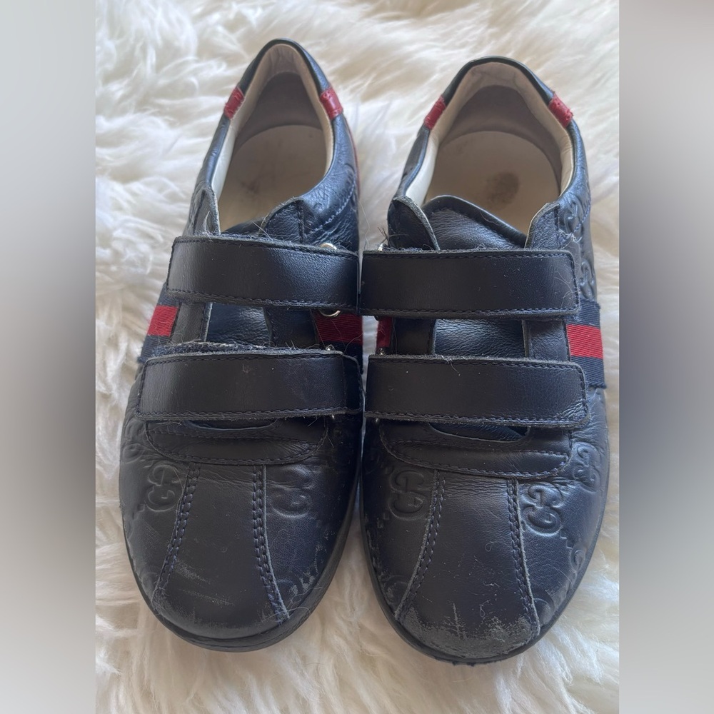 Gucci Black Leather Kids Sneakers with Red Stripe Accent
